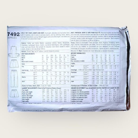 Vintage 1990s Simplicity Sewing Pattern 7492 Girls Top Pants Shorts Skirt 12-16 - Picture 2 of 2
